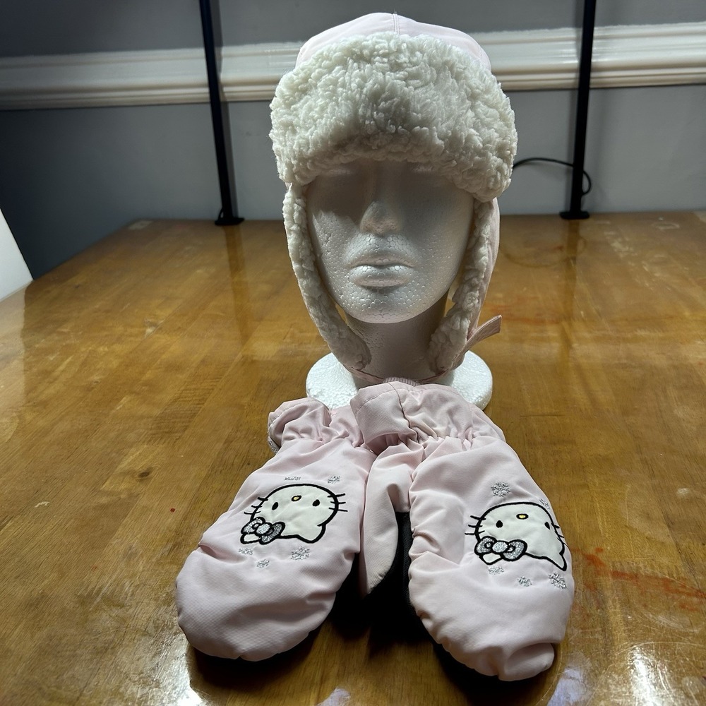 H&M Hello Kitty Winter Trapper Hat & Mittens Set Pink Sherpa Lined Girls 6-8Y